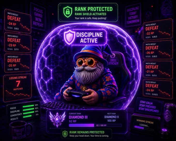 A gaming interface shows a gnome-like character in a purple energy shield, with "DISCIPLINE ACTIVE" displayed and match results showing multiple defeats and a 7-match losing streak.