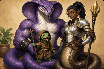 A fantasy illustration of a large purple cobra snake coiled behind a small turtle in a hooded robe, alongside a female warrior with pointed ears wearing silver armor and holding a spear.