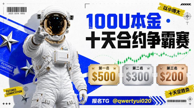 The image is a promotional banner for a "100U Principal · 10-Day Contract Battle Tournament" (100U本金·十天合约争霸赛), featuring an astronaut pointing toward the viewer alongside prize tiers of $500 for 1st place, $300 for 2nd, and $200 for 3rd, with a registration Telegram handle "@qwertyui020". The bold Chinese tagline "以小博大" (small stake, big win) and "十天定胜负" (ten days decides the winner) reinforce the high-stakes trading competition theme described in the post.