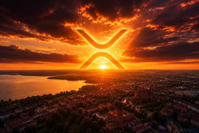 The image features a sunset over a city skyline with an XRP symbol, which appears to be glowing orange or yellow against the dark sky. The sun is setting behind the buildings, creating a warm and vibrant atmosphere. The text accompanying the image reads "Good morning, XRP fam Another Friday, another chance to build while others doubt. Stay focused. Stay patient. Your future self will thank you for not giving up too early." This message emphasizes the importance of staying focused on one's goals and being patient in the pursuit of success, which is relevant to both investing in cryptocurrency like XRP and building a strong portfolio.