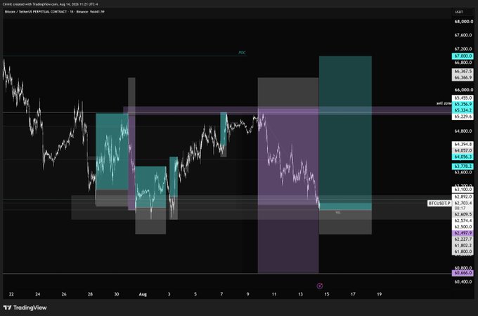A TradingView chart of Bitcoin (BTCUSD) displays price action with multiple colored supply/demand zones and horizontal levels, including marked prices at 65,324.3, 63,778.1, and 60,466.0, illustrating a projected roadmap as the trader hedges with a short position.