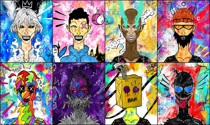 The image features a collection of nine different cartoon faces, each with unique expressions and styles. The faces are arranged in a grid-like pattern, showcasing various artistic interpretations of human emotions and personalities. The colors used for the faces range from bright and vibrant to dark and moody, adding depth and contrast to the overall composition. Each face is accompanied by a caption that provides context or insight into the artist's inspiration behind the artwork.