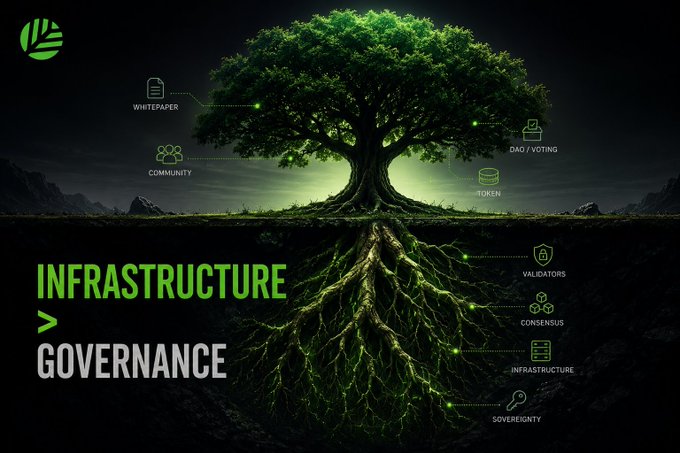 A promotional graphic features a large tree with extensive roots beneath text reading 'INFRASTRUCTURE > GOVERNANCE', surrounded by labeled icons including 'WHITEPAPER', 'COMMUNITY', 'DAO / VOTING', 'TOKEN', 'VALIDATORS', 'CONSENSUS', 'INFRASTRUCTURE', and 'SOVEREIGNTY'.