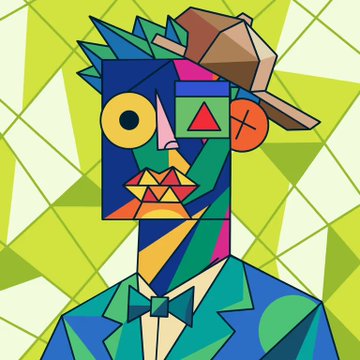 A single abstract cubist portrait of a figure with spiky hair, a yellow eye, and a colorful geometric face wearing a suit.
