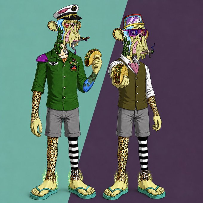 An illustration of two grotesque humanoid figures with leopard-print skin, melting faces, and striped socks; one wears a green shirt and captain's hat, while the other wears a brown vest and VR headset, both holding tacos.