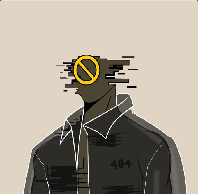 The image depicts a stylized 404 Error character with a glitched, fragmented head featuring a yellow "no entry" or prohibition symbol where a face would be, wearing a dark jacket labeled "404" on the chest. This artwork relates directly to the @404s_ethereum NFT project mentioned in the post, with the visual "error" aesthetic reinforcing the collection's branding as the post praises the art and creator (@swipe404) while recommending the NFTs to potential buyers.