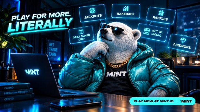 An advertisement featuring an anthropomorphic polar bear in sunglasses and a teal jacket using a 'MINT' laptop, surrounded by floating menu options (JACKPOTS, RAKEBACK, RAFFLES, etc.) and text reading 'PLAY FOR MORE. LITERALLY' and 'PLAY NOW AT MINT.IO'.