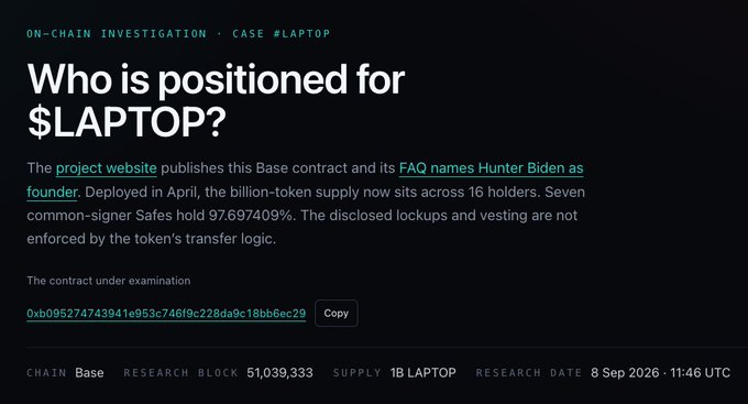 A dark-themed webpage titled 'Who is positioned for $LAPTOP?' discussing an on-chain investigation that names Hunter Biden as the founder of the project, with a Base contract address shown and research dated 8 Sep 2026.