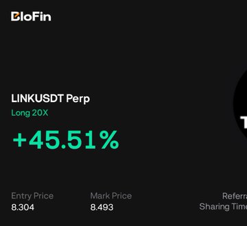A BloFin trading interface showing a 'LINKUSDT Perp' long position with 20X leverage at '+45.51%', an entry price of 8.304, and a mark price of 8.493.
