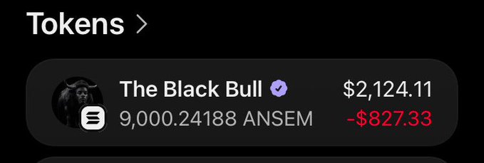 A crypto wallet interface displays a token called 'The Black Bull' with 9,000.24188 ANSEM, showing a value of $2,124.11 and a loss of -$827.33 in red.