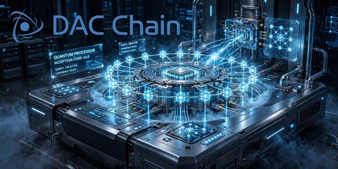 A digital graphic showing a futuristic quantum processor labeled 'DAC Chain', 'INCEPTION CORE V2.0', and 'CONCURRENT: 18720', set inside a high-tech server environment.