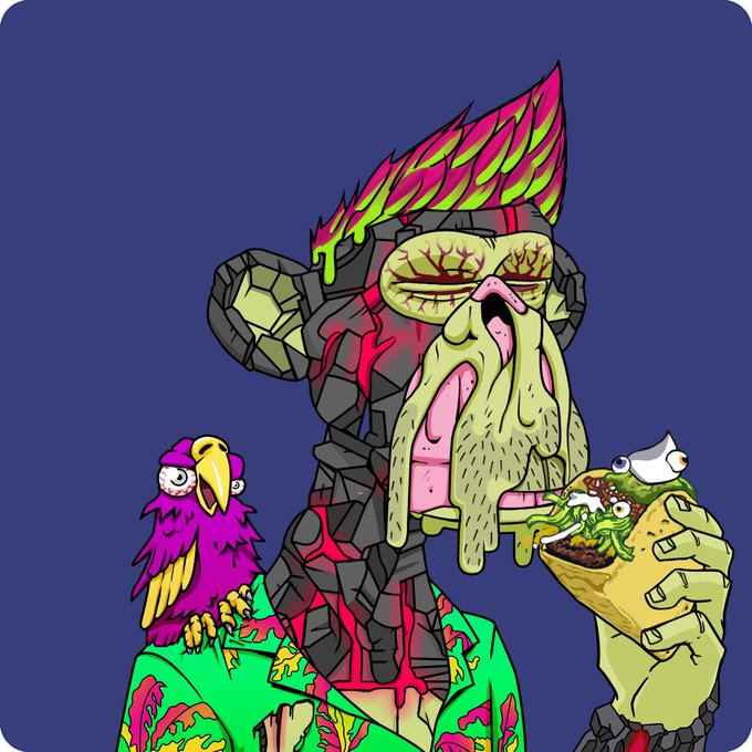 A psychedelic cartoon illustration of a green-skinned, bearded figure with flame-colored hair holding a lizard-topped burrito, with a pink bird perched on his shoulder.