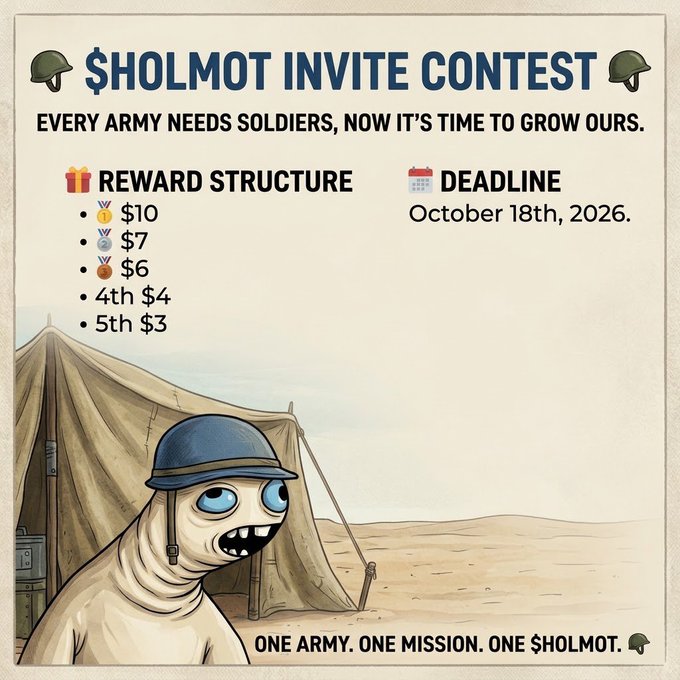 A '$HOLMOT INVITE CONTEST' poster features a cartoon character in military gear with a helmet, offering rewards of $10, $7, $6, $4, and $3 with a deadline of October 18th, 2026, and the tagline 'ONE ARMY. ONE MISSION. ONE $HOLMOT.'