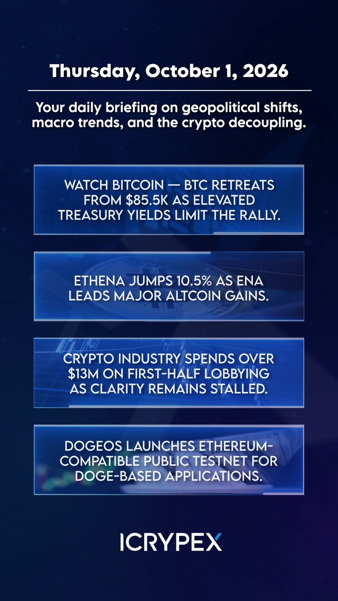 A daily crypto briefing from ICRYPEX dated Thursday, October 1, 2026, highlights Bitcoin retreating from $85.5K, Ethena jumping 10.5%, $13M in crypto lobbying, and the DogeOS Ethereum-compatible testnet launch.