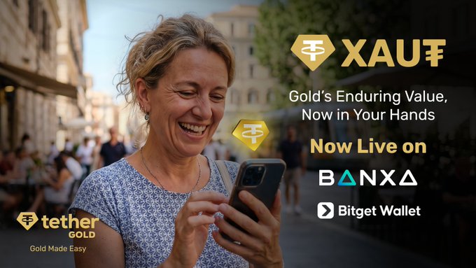 An advertisement for Tether Gold (XAUT) reading 'Gold's Enduring Value, Now in Your Hands,' promoting its availability on BANXA and Bitget Wallet alongside an image of a smiling woman using a smartphone.