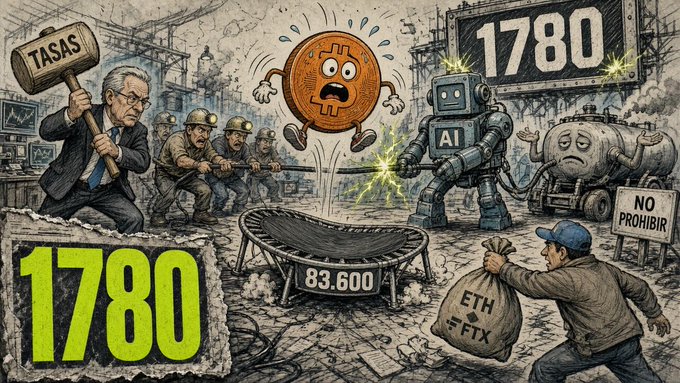 An AI-generated illustration depicting a crypto/economic satire featuring a Bitcoin character with a scared face, a figure wielding a 'TASAS' hammer, a robot labeled 'AI', and text including '1780', '83.600', 'NO PROHIBIR', and a money bag marked 'ETH $FTX'.