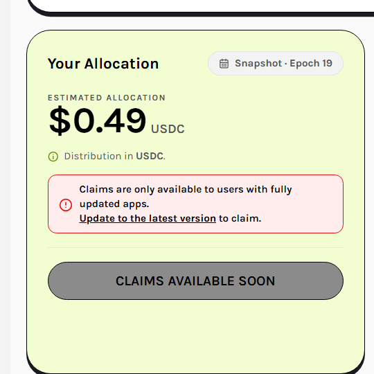 Mobile app allocation screen showing an estimated $0.49 USDC reward for Snapshot Epoch 19, with a warning that claims require an updated app and a 'CLAIMS AVAILABLE SOON' button.