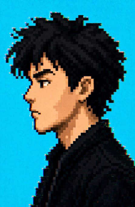 A pixel art style profile portrait of a person with dark messy hair facing left against a bright cyan background.