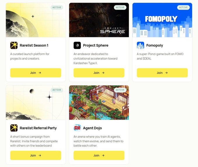A launchpad directory showing active projects: “Rarelist Season 1,” “Project Sphere,” “Fomopoly,” “Rarelist Referral Party,” and “Agent Dojo,” each with descriptions and yellow “Join” buttons.