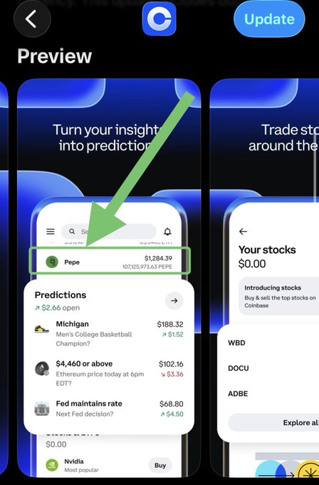 A Coinbase app preview screen showing prediction markets with categories like Sports, Crypto, and Politics, highlighting a $1,284.39 position in Pepe and predictions for Michigan basketball, Ethereum price, and Fed rate decisions.