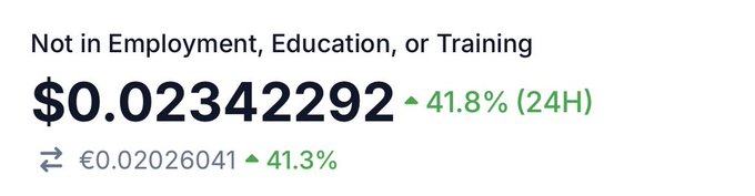 A cryptocurrency price display showing 'Not in Employment, Education, or Training' token at $0.02342292, up 41.8% in 24H, with a euro equivalent of €0.02026041 up 41.3%.