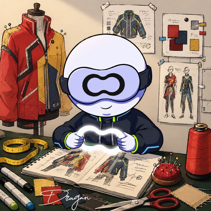 An illustration of a cute cartoon character wearing a VR headset, surrounded by fashion design elements like a jacket on a mannequin, sketches, thread, and scissors, with 'Dragon' signed at the bottom.