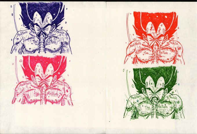 Four hand-drawn illustrations in blue, red, and green ink depicting a muscular anime character with spiky hair, labeled "Meditative" and "The Return" on the chest area.