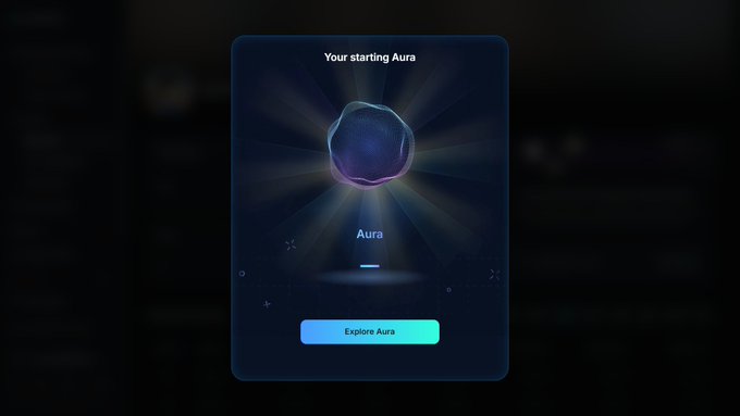 Dark-themed digital interface card displaying 'Your starting Aura' above a glowing purple-blue orb, with the label 'Aura' and a cyan 'Explore Aura' button below.
