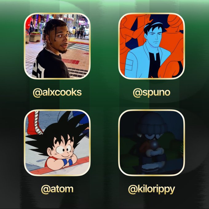 A promotional graphic for the Pumpfun app displays four profile tiles against a green background, featuring usernames @alxcooks (a man in a city street), @spuno (an illustrated character in blue), @atom (baby Goku), and @kilorippy (a dark cartoon figure), welcoming these "legends" to find their goats on the platform.