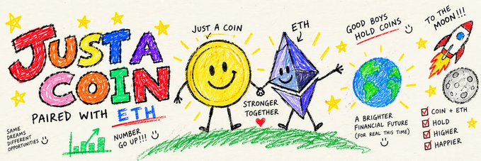 A hand-drawn, crayon-style banner titled "Just a Coin Paired with ETH" shows a smiling yellow coin character holding hands with a blue Ethereum (ETH) diamond character under the message "Stronger Together," accompanied by phrases like "Just a Coin," "Good Boys Hold Coins," "To the Moon!!!," and checkmarks for "Coin + ETH," "Hold," "Higher," and "Happier." The whimsical, meme-like illustration playfully reinforces the post's message that the coin has no intrinsic value beyond being paired with ETH, embracing Vitalik Buterin's quoted skepticism with humor and optimism.