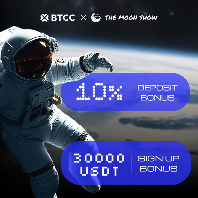 The image shows an illustration of a man, possibly an astronaut, wearing a white spacesuit, looking out towards space with a number 10% deposit bonus button next to him indicating that he has just earned 10% deposit bonus from this exchange. There is also a signup bonus button nearby showing three KVST options for signing up on the exchange, and a space-themed background adds to the unique visual appeal of the advertisement.