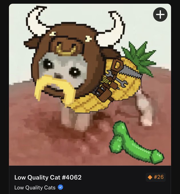 A pixel art NFT titled 'Low Quality Cat #4062' depicting a gray and white cat dressed in a Viking-style horned helmet and yellow pineapple-patterned outfit, priced at #26.
