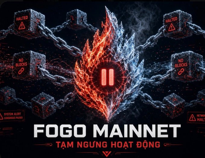 A dramatic digital graphic displays 'FOGO MAINNET' with the Vietnamese text 'TẠM NGỪNG HOẠT ĐỘNG' (suspended operation), featuring a fiery crystalline emblem surrounded by chains and warning blocks reading 'HALTED' and 'NO BLOCKS'.