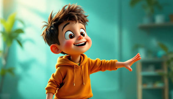 The image features a cartoon boy wearing an orange hoodie with his arms outstretched towards someone. The background of the image shows a blue wall with a plant located behind him. There are also some text elements present, including "Focus on what is in the image and how it relates to the post".