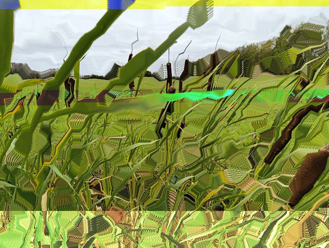 A heavily distorted, glitch-art style rendering of a field of green grass under a cloudy sky.