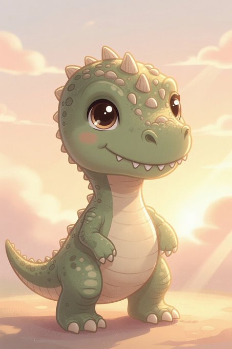 A cute, cartoon-style illustration of a green baby dinosaur with brown spots and horns, smiling against a pastel sunset sky.
