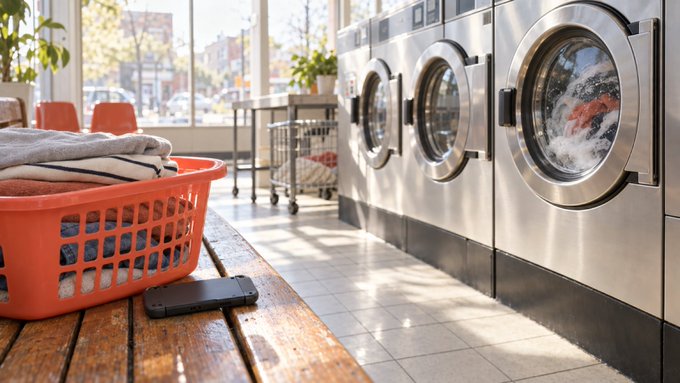 A smartphone sits on a wooden bench next to an orange laundry basket filled with clothes, while industrial washing machines run in the background of this sunlit laundromat. The scene complements the post's message about one successful laundry run clearing the entire week's backlog, with the basket of folded-ready garments and churning machines visualizing that single productive effort handling accumulated chores.