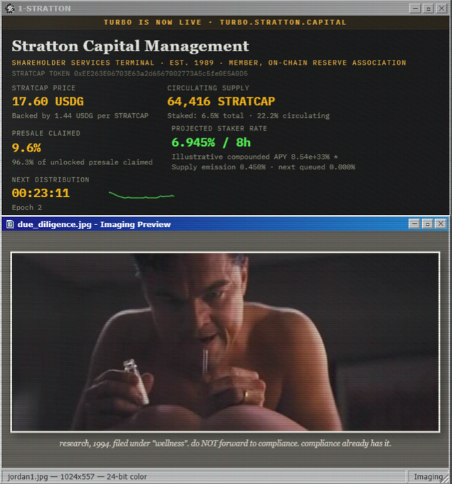 A retro-styled computer interface displays Stratton Capital Management's dashboard for the $STRATCAP token, showing a price of 17.60 USDG, a circulating supply of 64,416 STRATCAP, 6.5% staked, and 22.2% circulating. Below the financial metrics, an embedded "due_diligence.jpg" preview shows a tense, shirtless man lighting a cigarette, captioned with the ominous disclaimer: "research, 1994, filed under 'wellness', do NOT forward to compliance. compliance already has it."