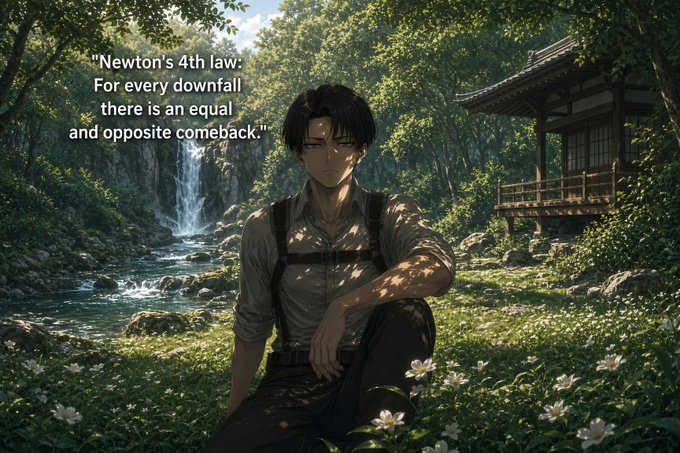An anime-style illustration of a young man with dark hair sitting in a lush forest setting near a waterfall, with text reading: 'Newton's 4th law: For every downfall there is an equal and opposite comeback.'