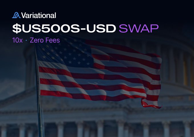 An American flag waves in front of the U.S. Capitol building beneath promotional graphics from Variational announcing a new "$US5000S-USD SWAP" with "10x • Zero Fees," directly tying into the post's launch announcement of a zero-fee, leveraged swap between the US5000S token and USD with up to $50M in initial open interest.