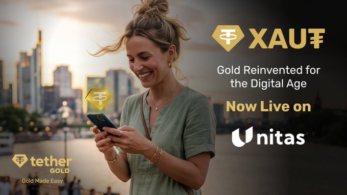 A smiling woman checks her phone against a city skyline backdrop, with Tether Gold (XAU₮) branding and the tagline "Gold Reinvented for the Digital Age" alongside an announcement that it's "Now Live on Unitas." The image visually reinforces the post's message by showing how easily users can access tokenized gold through their mobile devices via the Unitas platform.