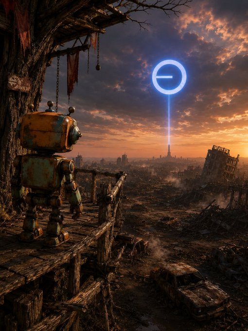 The image features an orange robot standing on a wooden platform, looking out over a desolate landscape with ruins and debris scattered throughout. The sky above them is filled with clouds, creating a gloomy atmosphere. In the distance, there's a blue signal that appears to be coming from a group of web3 survivors who are gathered together in a central location. The robot seems to be observing this gathering, possibly contemplating joining the group or seeking guidance on their mission.