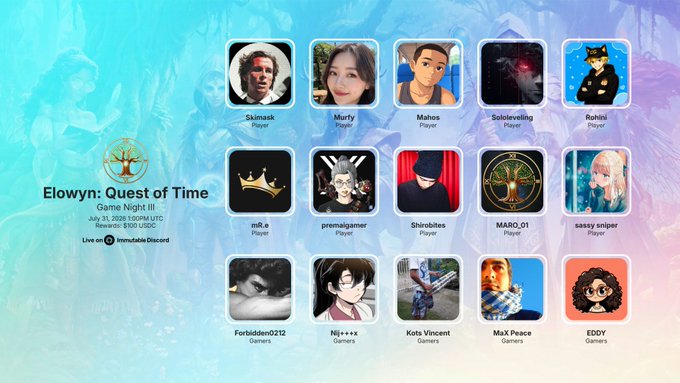 An 'Elowyn: Quest of Time' Game Night III event graphic scheduled for July 31, 2026 at 1:00 PM UTC with $100 USDC rewards, featuring 15 player avatars including Skinmask, Murty, Mahos, Sololeveling, Rohitii, mR.s, premalgamer, Shinobiies, MARO_01, sassy sniper, Forbidden0212, Nji++x, Kots Vincent, MaX Peace, and EDDY.