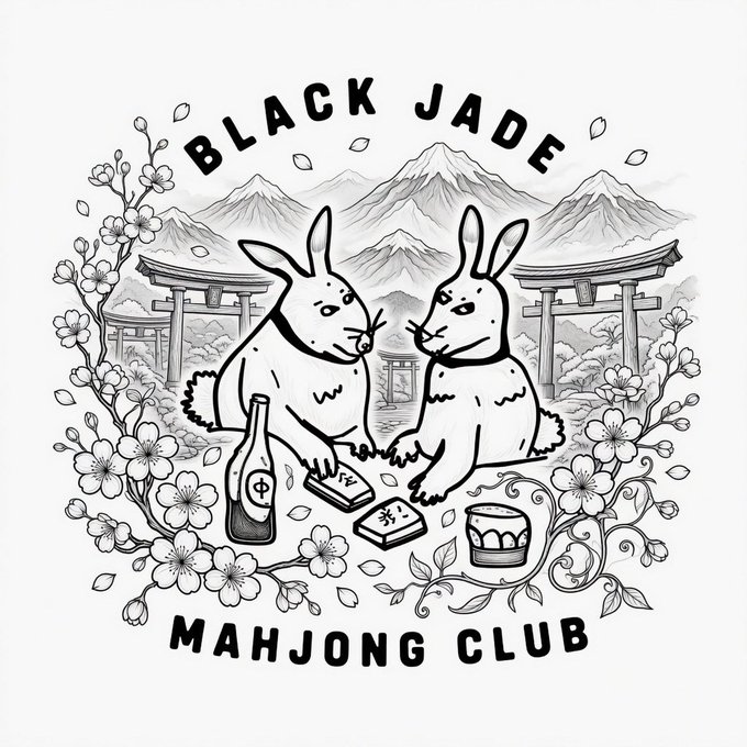 A black and white line drawing for the Black Jade Mahjong Club featuring two rabbits, sake bottles, mahjong tiles, and Mount Fuji with torii gates in the background.