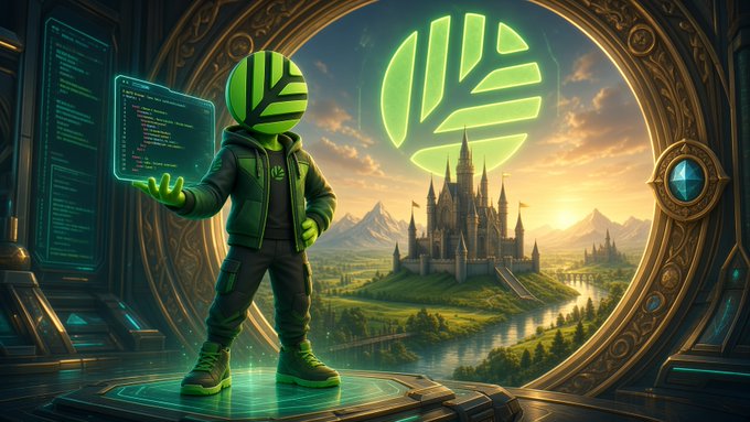 A digital artwork depicting a green, leaf-headed character in a hoodie interacting with a holographic code interface, with a large glowing leaf logo and a fantasy castle in the background.