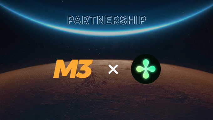 A graphic displays 'PARTNERSHIP' at the top with 'M3' and a green clover-like logo separated by an x, set against a space background showing a planet's horizon.