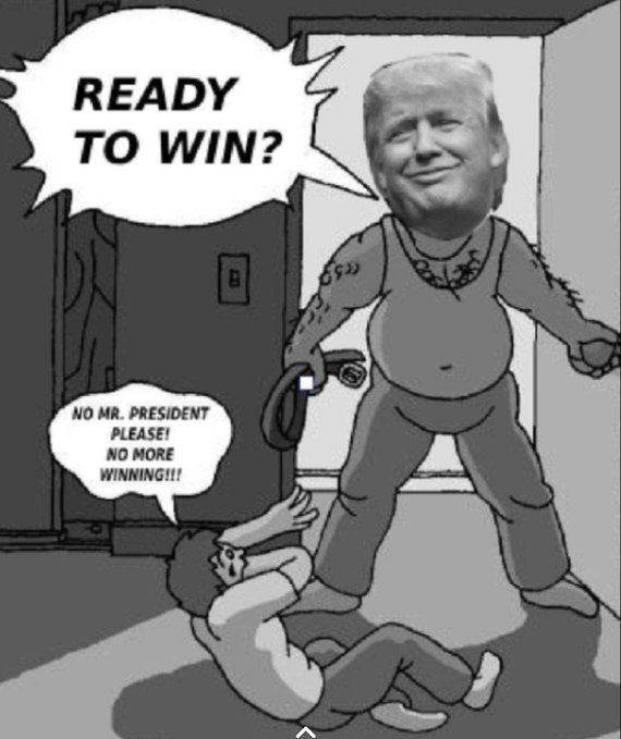 This image is a political satire meme featuring a caricature of Donald Trump looming over a cowering person, with speech bubbles reading "READY TO WIN?" and "NO MR. PRESIDENT PLEASE! NO MORE WINNING!!!". The image relates to the post by metaphorically depicting Trump as an overwhelming, destructive force that "crushes" the cryptocurrency market and prevents "altcoin season."