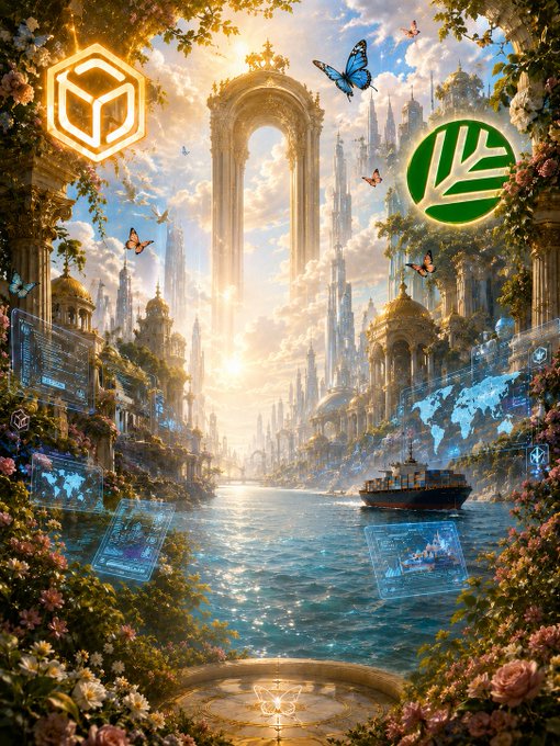 Fantasy digital artwork featuring a golden cube logo, a green leaf logo, a glowing archway, floating holographic displays, and a ship sailing through a river surrounded by ornate architecture and flowers.