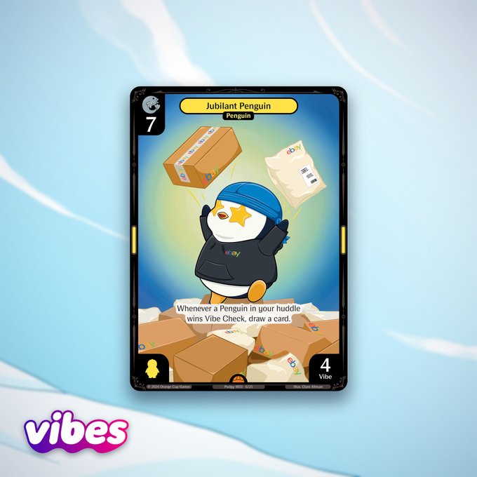 A digital trading card titled 'Jubilant Penguin' features a cartoon penguin surrounded by packages, with the text 'Whenever a Penguin in your huddle wins Vibe Check, draw a card,' displayed over a light blue background with a 'vibes' logo.
