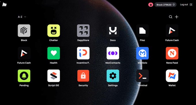 The image shows a computer screen displaying various app icons, including a Bitcoin wallet icon. The background of the image is black with white text that reads "What if your favorite blockchain app didn't need a centralized website to work? That'S the idea behind MiniDapps on @Minima_Global".